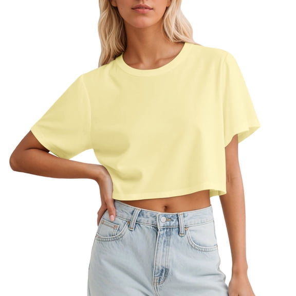Crop Tops For Women Summer y2k Solid Color Short Sleeve Crew Neck Workout Basic Athletic Cropped Trendy Tees