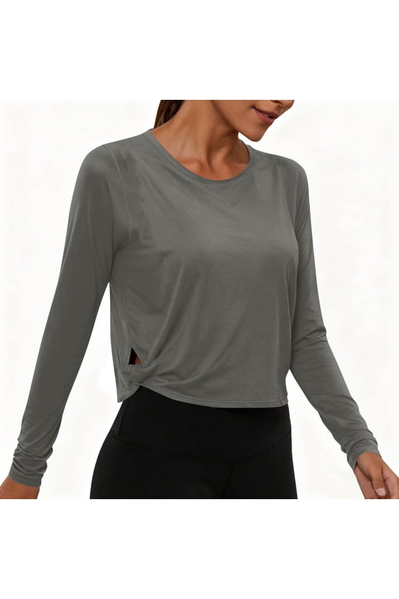 Crop Tops For Women Women's Solid Color Long Sleeve Top - Casual Sports Fashion Crewneck with Side Cut Out Design, Workout Yoga Everyday Shirt