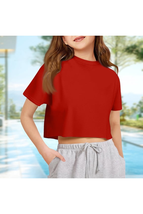Crop Tops Girls Athletic Oversized Kids Drop Shoulder Short Sleeve T Shirts Workout Tees, Red