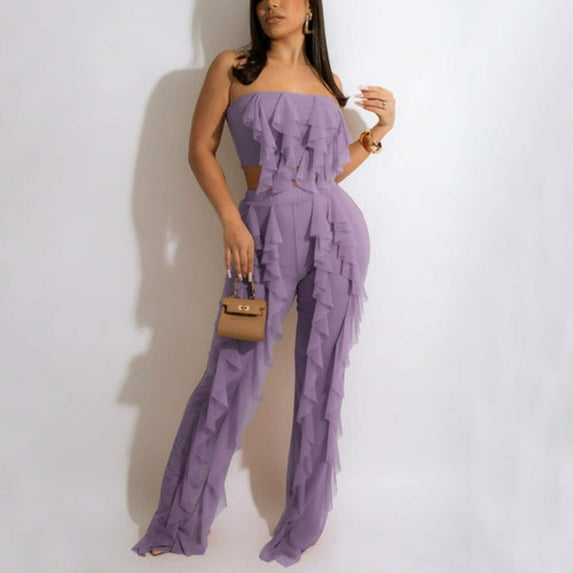 Crop Tops Long Trousers Ruffles Solid