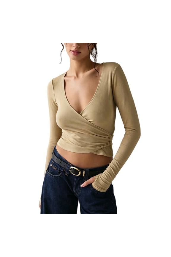 Crop Tops for Women Deep V Neck Long Sleeve Shirts with Thumb Hole Front Wrap Sexy Y2k Shirt Lightweight Slim Fit Yoga Pilates Tees Workout Athletic Tunic Top 2026 Summer Fall Outfits(Khaki,S)
