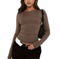 thumbnail image 1 of Crop Tops For Women Packs Teen Girls Layering Trendy Slim Fitted Tops Juniors Cute V Neck Athletic Basic Tee Outfit Long Sleeve Thermal Y2k Tight Shirt Brown XS, 1 of 4