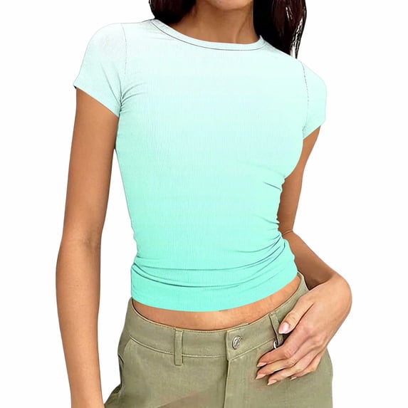 Crop Tops for Women Short Sleeve Crewneck Shirts Rib Striped Slim Fit Cropped Cute Shirts Casual Basic Lightweight Going Out Tops Workout Tee Casual Spring Tops