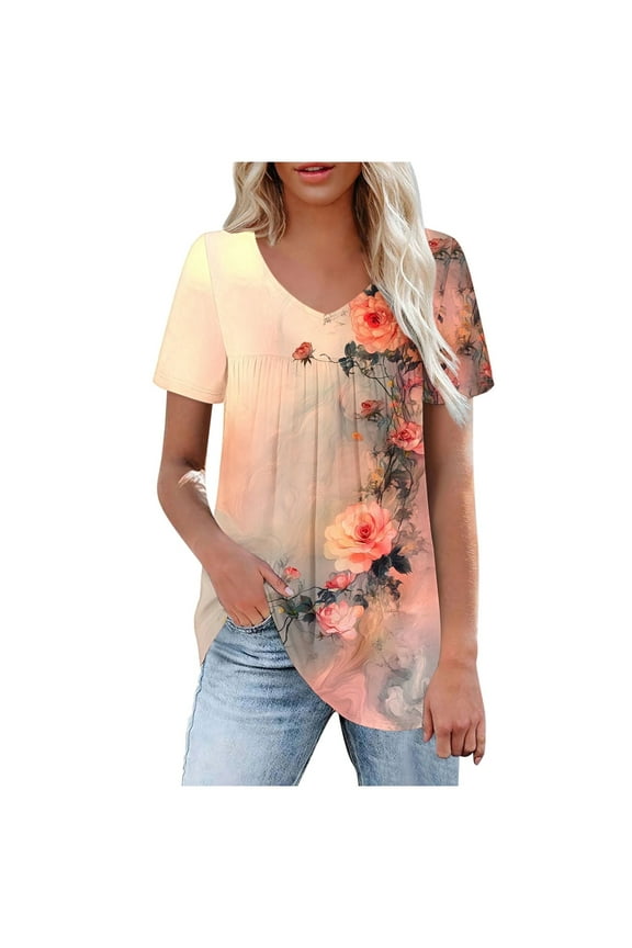 Tunic Cute Tops for Women Loose Fit Dressy Short Sleeve Blouse Floral Print T Shirt Summer Trendy Irregular Hem Tees