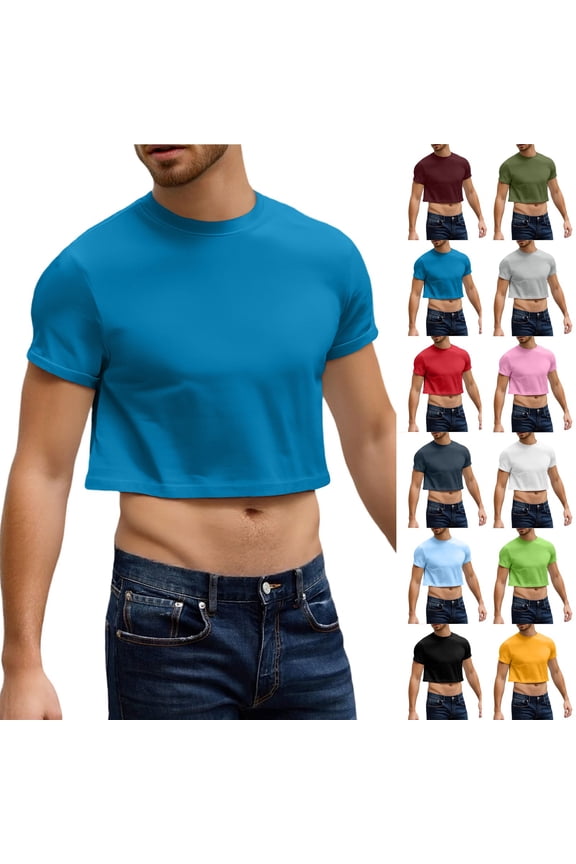 Crop Tops for Men Short Sleeve Round Neck Solid Shirts Summer Casual Pullovers, L