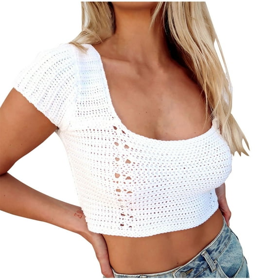 Crop Tops for Women Backless Lace up Crochet Short Sleeve Blouse Tops Solid Scoop Neck Slim Fit Summer Club Shirt Tops