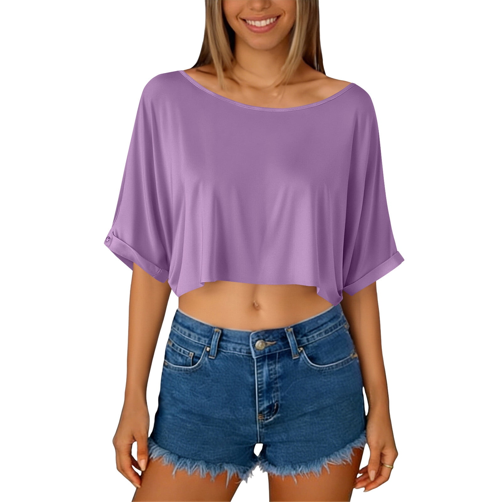 Crop Tops for Women Boat Neck Elbow-Length Cropped T-Shirt Solid Color ...