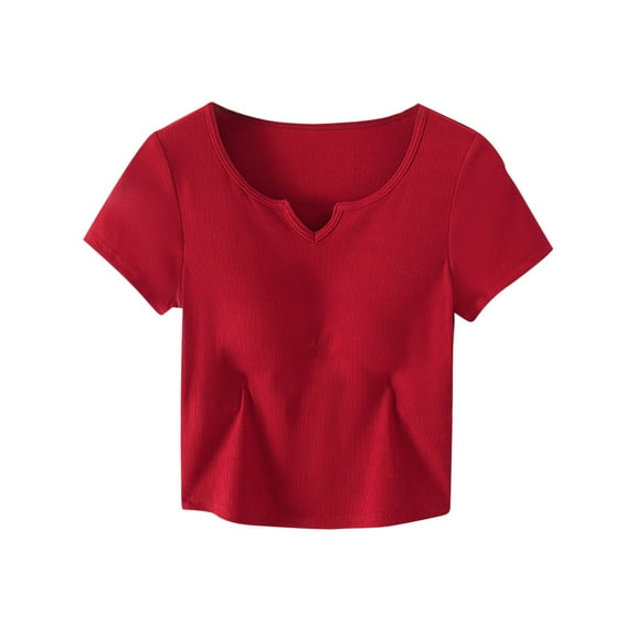 Crop Tops for Women Built in Bra Short Sleeve Cropped Shirts Casual V Neck Going out Tops