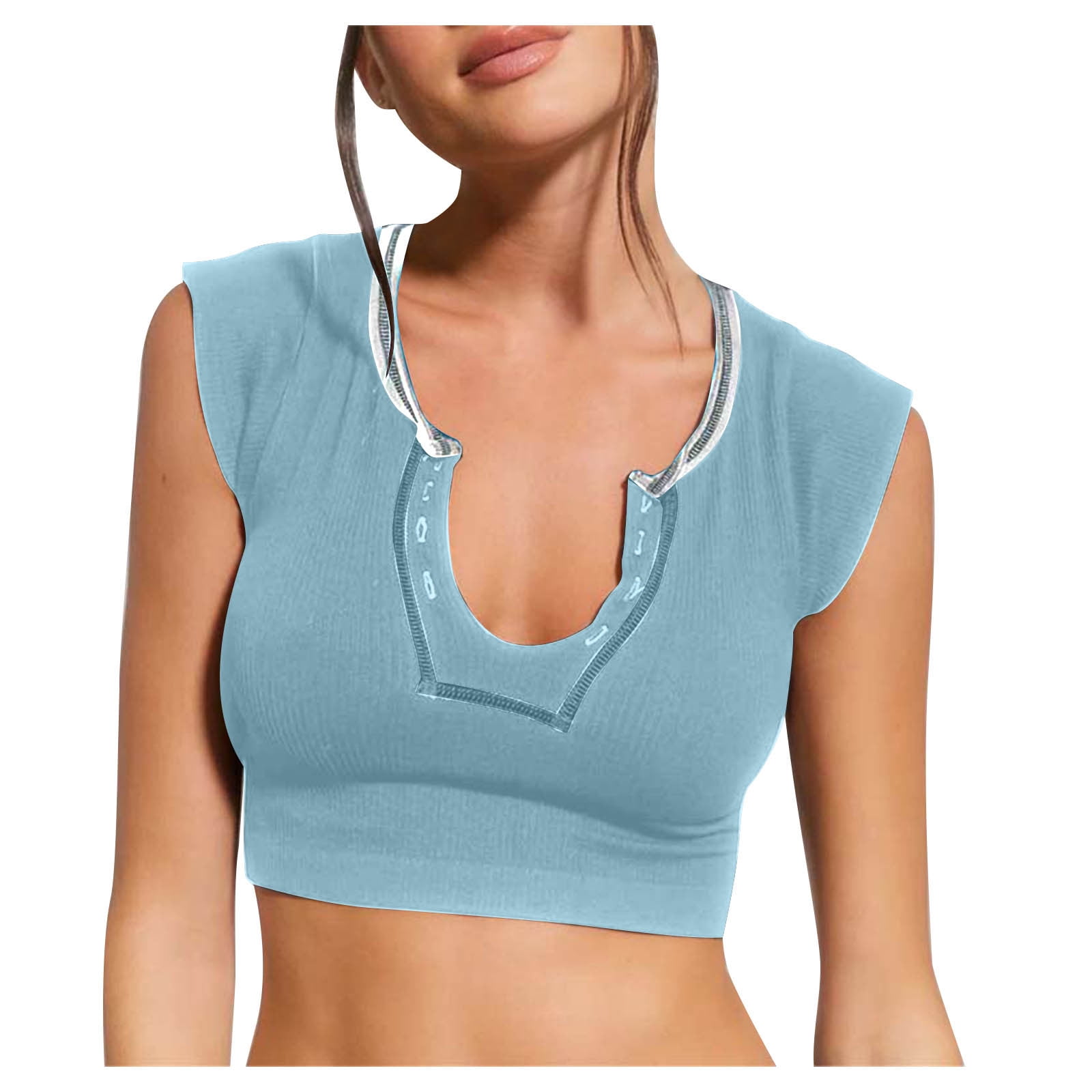 Crop Tops for Women Cap Sleeve Notch V Neck Workout Tops Summer Going out Top  Tee Shirts Slim Fitting Solid Color (Medium, Blue) 