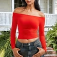 thumbnail image 1 of Crop Tops for Women Long Sleeve Off The Shoulder Shirt Going Out Y2k Blouses Slim Fit Sexy Casual Cropped Tees (S, Red), 1 of 6