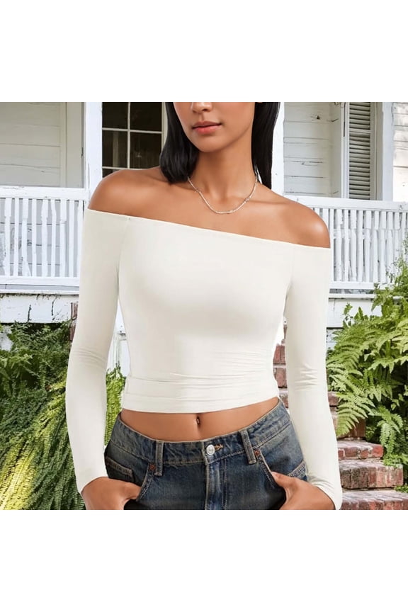 Crop Tops for Women Long Sleeve Off The Shoulder Shirt Going Out Y2k Blouses Slim Fit Sexy Casual Cropped Tees (XL, White)