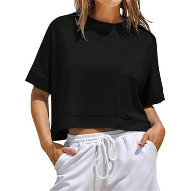 Crop Tops for Women Loose Sport Short Sleeve T-Shirt Summer Casual Round Neck Shirts Fashion Basic Blouses Top