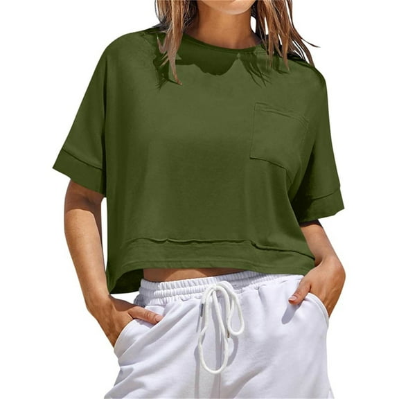 Crop Tops for Women Loose Sport Short Sleeve T-Shirt Summer Casual Round Neck Shirts Fashion Basic Blouses Top Army Green XL