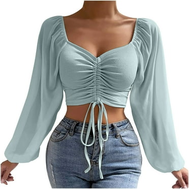 Crop Tops for Women Mesh Long Sleeve Ruched Drawstring Shirts Tops V Neck Ribbed Solid Color Cropped Top Blouses