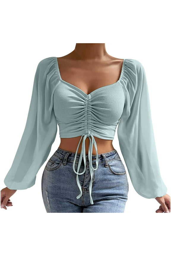 Crop Tops for Women Mesh Long Sleeve Ruched Drawstring Shirts Tops V Neck Ribbed Solid Color Cropped Top Blouses