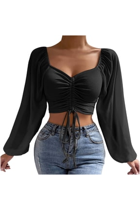 Crop Tops for Women Mesh Long Sleeve Ruched Drawstring Shirts Tops V Neck Ribbed Solid Color Cropped Top Blouses