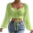 thumbnail image 1 of Crop Tops for Women Mesh Long Sleeve Ruched Drawstring Shirts Tops V Neck Ribbed Solid Color Cropped Top Blouses, 1 of 7