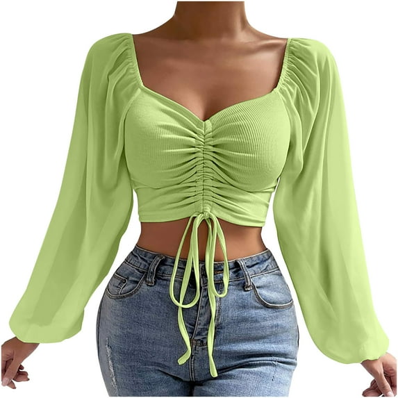 Crop Tops for Women Mesh Long Sleeve Ruched Drawstring Shirts Tops V Neck Ribbed Solid Color Cropped Top Blouses