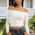 thumbnail image 1 of Crop Tops for Women Off The Shoulder Long Sleeve T Shirts Slim Fit Stretch Soft Base Tee Going Out Club Outfits (L, White), 1 of 6