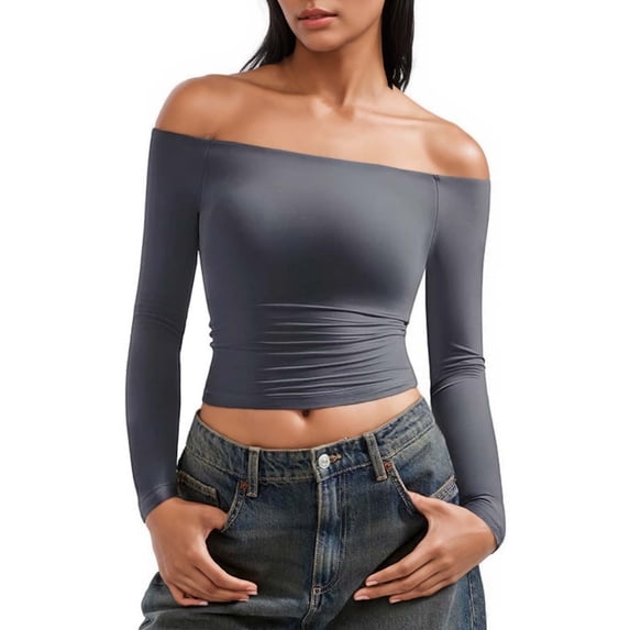 Crop Tops for Women Off The Shoulder Long Sleeve T Shirts Slim Fit Stretch Soft Base Tee Going Out Club Outfits (XL, Gray)