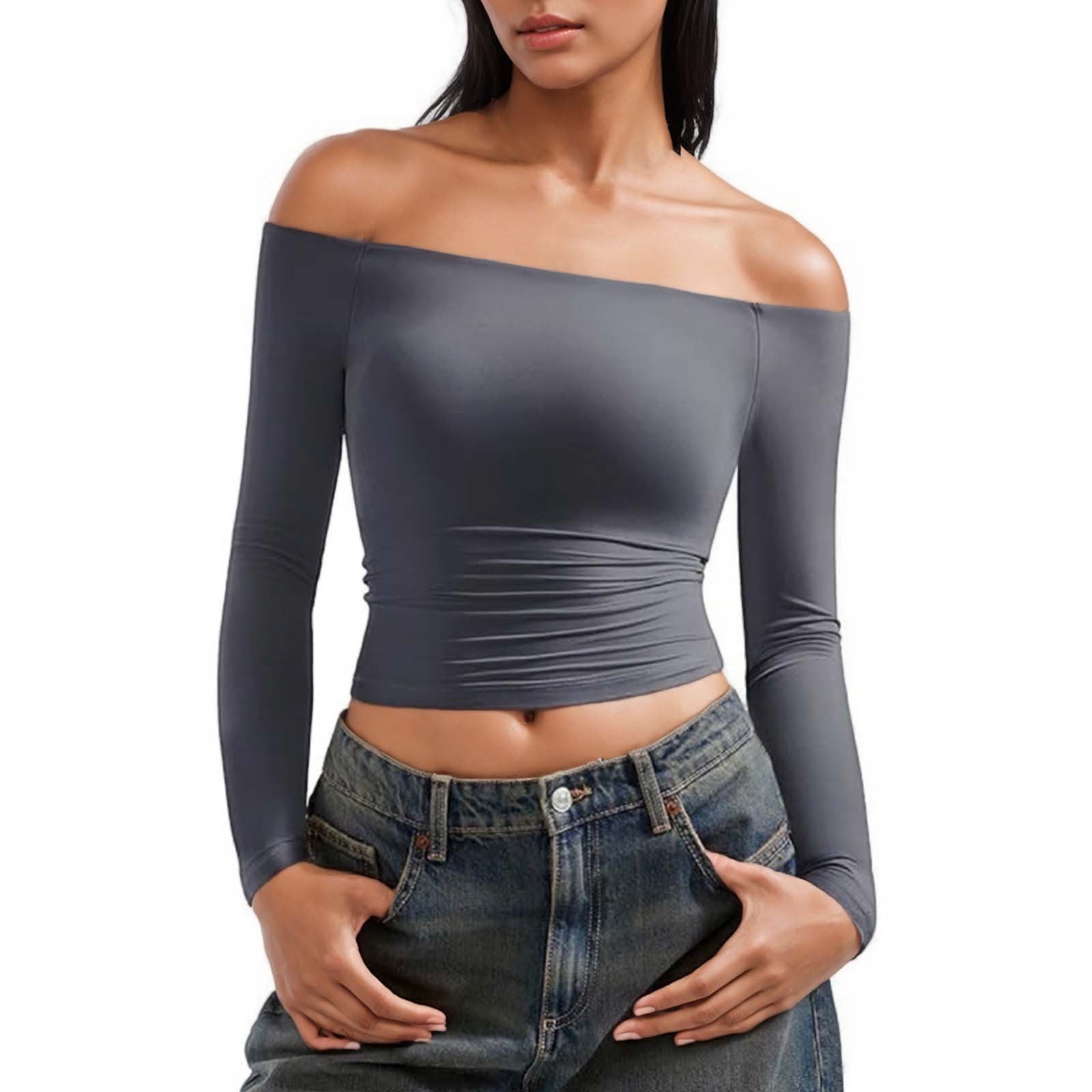 Crop Tops for Women Off The Shoulder Long Sleeve T Shirts Slim Fit
