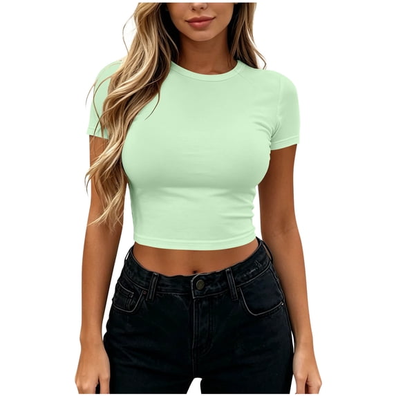 Crop Tops for Women Ribbed Crew Neck Short Sleeve Basic Tees Fitted T-Shirts Gym Workout Yoga Shirts Green S(S)