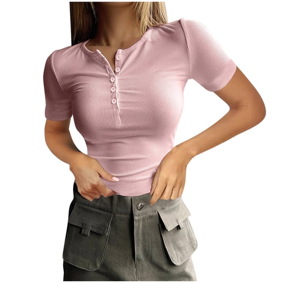 Crop Tops for Women Sexy Fashion Summer V Neck Sexy Solid Color Short Sleeve Casual Button Top Blouse