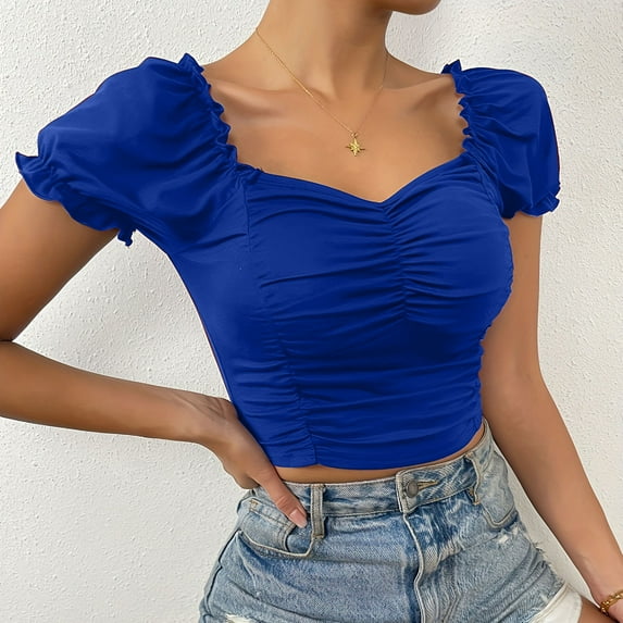 ZunFeo Crop Tops for Women Sexy Summer Pleated Blouse Puff Sleeve Ladies Tops Blue L