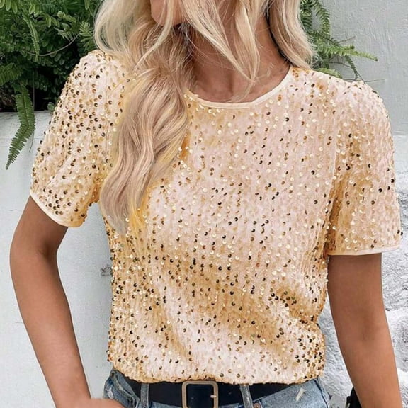 Crop Tops for Women Short Sleeve Sequined Round Neck Cute Trendy Basic Blouse Women's Casual Tops