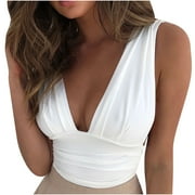 Crop Tops for Women Sleeveless Ruched Plunge V Neck Tank Tops Vest Solid Slim Fit Summer Blouse Tops T Shirts