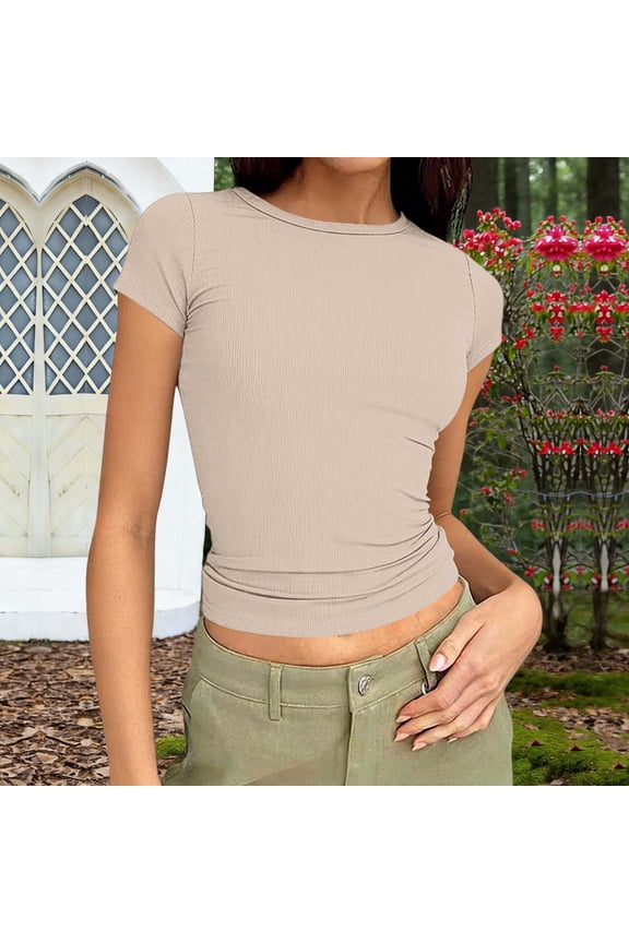 Crop Tops for Women Slim Fit Short Sleeve T Shirts for Women Solid Color Crewneck Tee Stretchy Tummy Control Casual Blouses