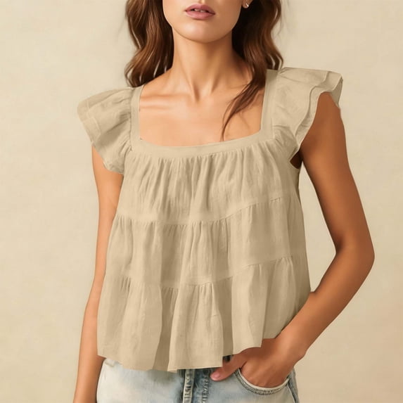 Crop Tops for Women Summer Cap Sleeve Square Neck Ruffle Layered Loose Lightweight Beach Vacation Tank Tops
