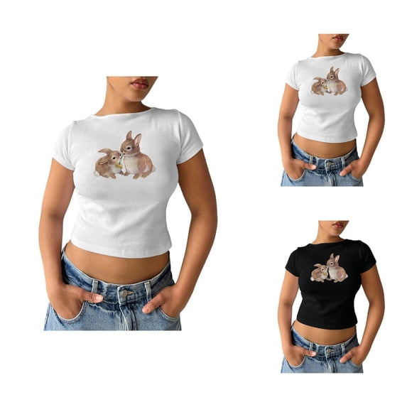 Crop Tops for Women Summer Short Sleeve Crewneck Slim Fit Cute Bunny Graphic Crop Tee Shirts Y2k Going out Tops