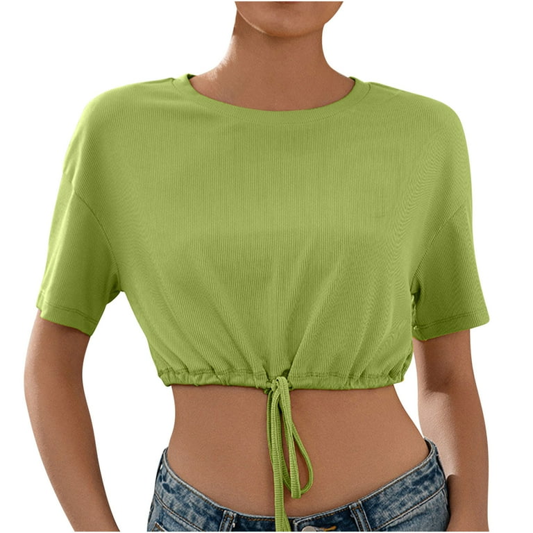 Crop Tops for Women Summer Y2k Crewneck Tee Rib knit Drawstring