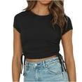thumbnail image 1 of Crop Tops for Women Trendy Round Neck Drawstring Short Sleeve Shirts Casual Slim Fit Girls Summer Tunic Blouses Black, 1 of 6