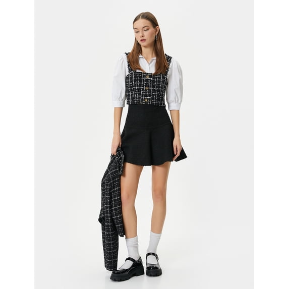 Crop Tweed Shirt Puff Sleeve Button Detail Double Fabric