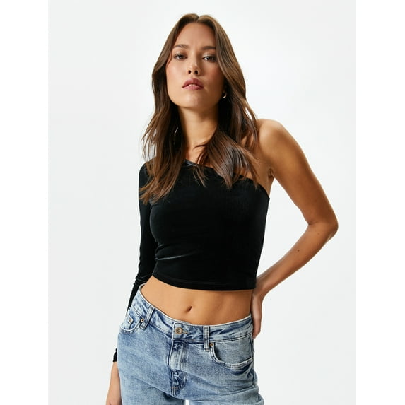Crop Velvet One Shoulder T-Shirt
