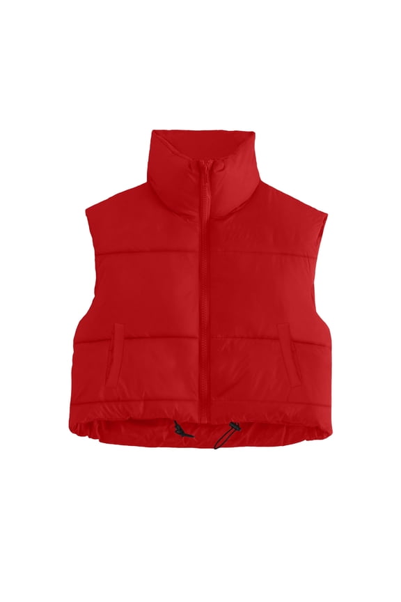 Crop Vest Jacket for Women Trendy Sleeveless Stand High Collar Puffer Short Coat Fall Winter Full-zip Outerwear (2XL, Red)