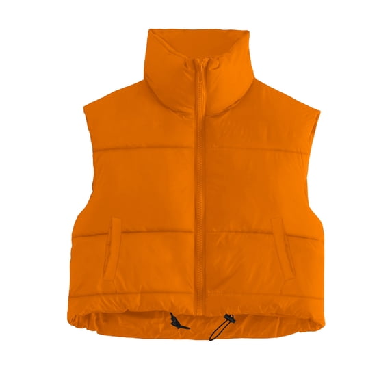 Crop Vest Jacket for Women Trendy Sleeveless Stand High Collar Puffer Short Coat Fall Winter Full-zip Outerwear (M, Orange)