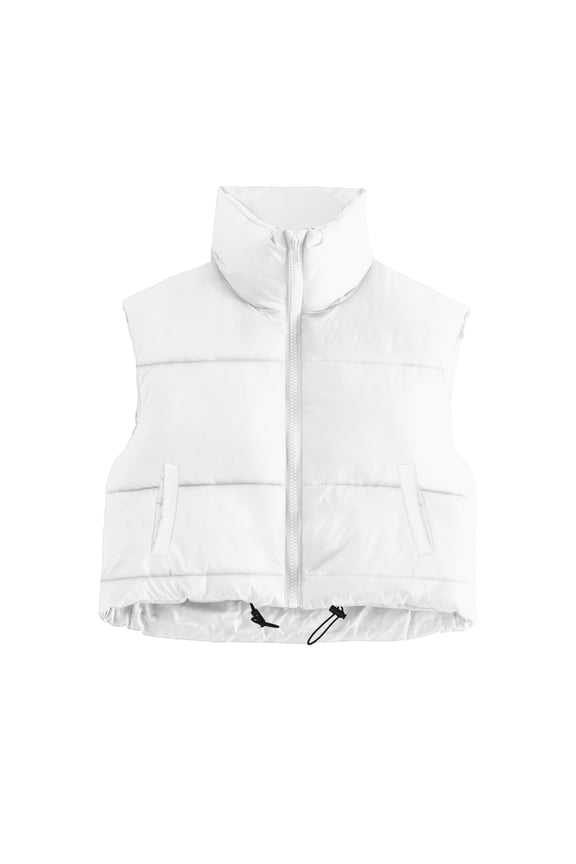 Crop Vest Jacket for Women Trendy Sleeveless Stand High Collar Puffer Short Coat Fall Winter Full-zip Outerwear (S, White)