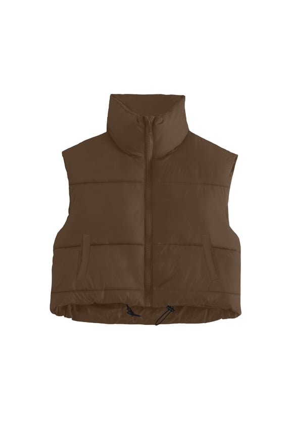 Crop Vest Jacket for Women Trendy Sleeveless Stand High Collar Puffer Short Coat Fall Winter Full-zip Outerwear (XL, Brown)