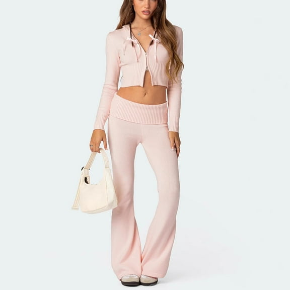 Crop Zip-up Sweater Hoodie Pants Set (M, PaleMauvePink)