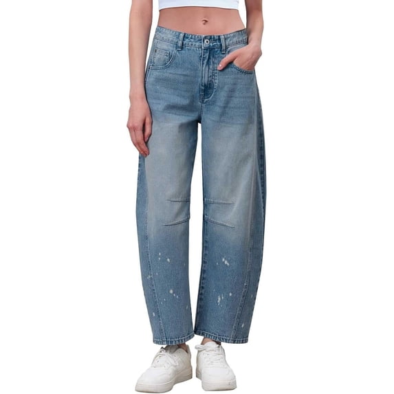 Cropped Barrel Jeans Womens Mid Rise Wide Leg Baggy Jeans Loose Ankle Denim Pants with Pockets Trendy Casual Y2K Pants