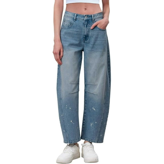 Cropped Barrel Jeans Womens Mid Rise Wide Leg Baggy Jeans Loose Ankle Denim Pants with Pockets Trendy Casual Y2K Pants