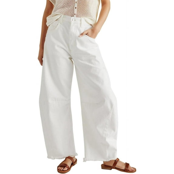 Cropped Barrel Jeans Womens Mid Rise Wide Leg Baggy Jeans Loose Ankle Denim Pants with Pockets Trendy Casual Y2K Pants