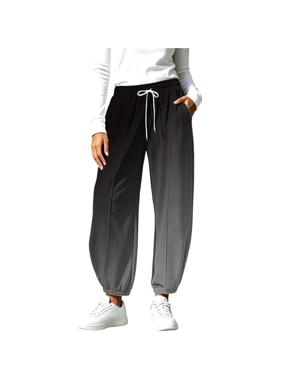 Cropped Barrel Wide Leg Sweatpants for Women Gradient Blue Drawstring Waist Elastic Leg Jogger Pant Fall Black