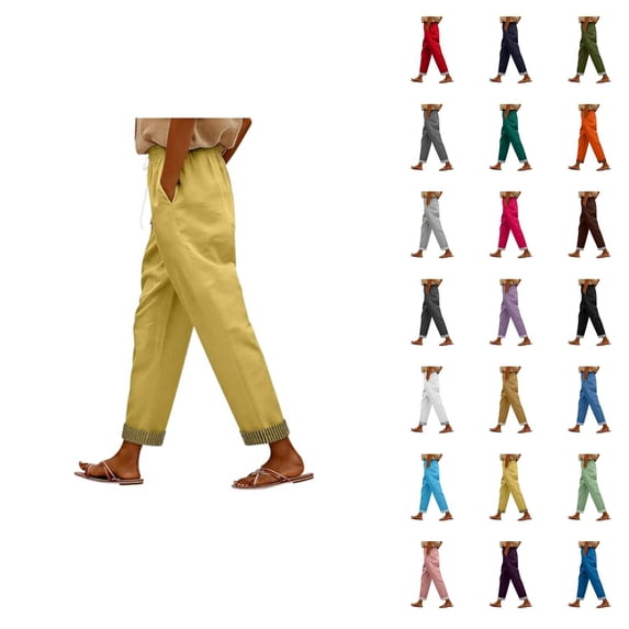 Cropped Beach Pants for Women 2026 Spring Summer Relaxed Fit Elastic Waist Straight Leg Lightweight Linen Pants with Pockets