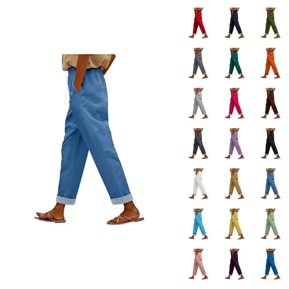 Cropped Beach Pants for Women 2026 Spring Summer Relaxed Fit Elastic Waist Straight Leg Lightweight Linen Pants with Pockets