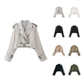 thumbnail image 1 of Cropped Bike Jacket for Women Long Sleeve Double Notched Lapel Trench Coat with Belt Outerwear, 1 of 3
