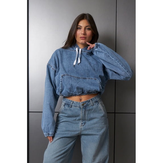 Cropped Black Denim Hoodie